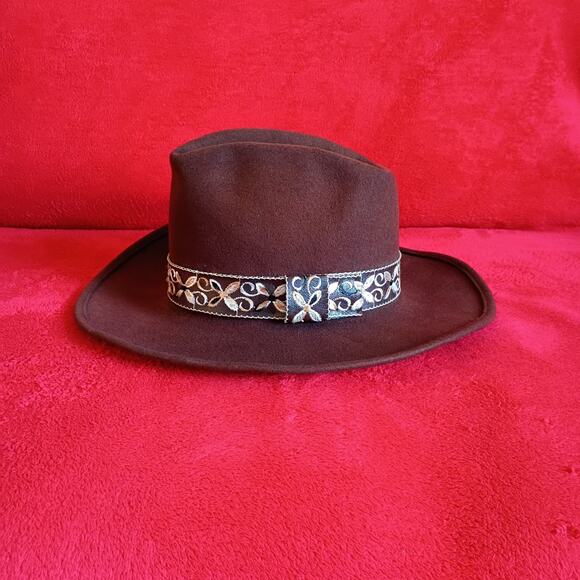 Brown Wool Felt Fedora Aztec Floral Ribbon Boho Western Vintage Rancher 8in main image 8